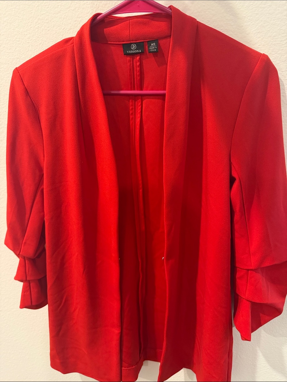 Versona Red Draped Open-Front Blazer with Ruffle Sleeves